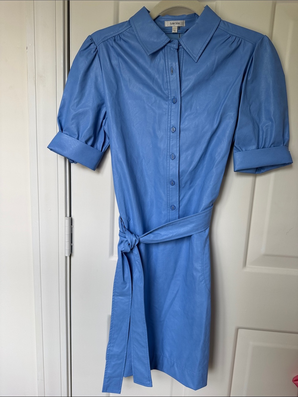 Tyler Boe Vegan Leather Light Blue Short-Sleeve Shirt Dress with Belt Size XS